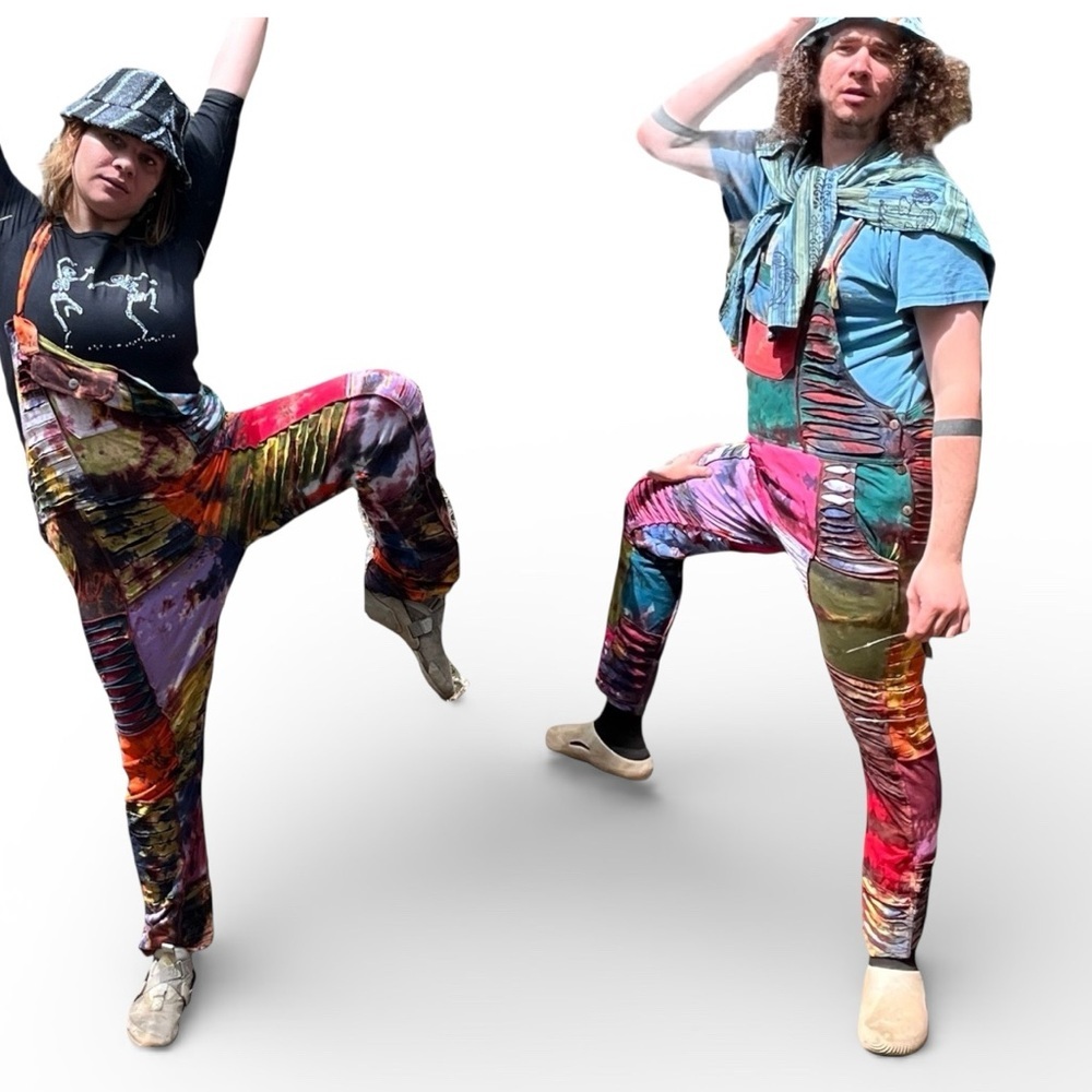 Kathmandu Imports Colorful Tie Dye Patchwork Unisex Cotton Knit Overalls NWT - Picture 4 of 8